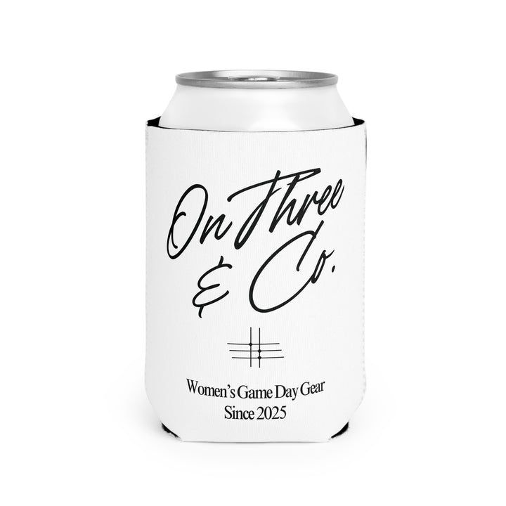 On Three & Co. Coozie Can Cooler | White with Black Font