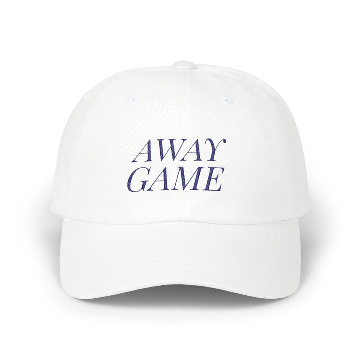 AWAY GAME Dad Cap – White with Navy Embroidery | On Three & Co.
