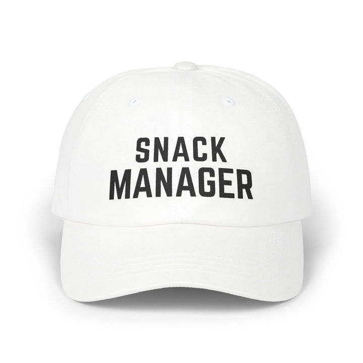 SNACK MANAGER Dad Cap – White with Black Embroidery | On Three & Co.