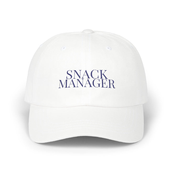 SNACK MANAGER Dad Cap – White with Navy Embroidery | On Three & Co.