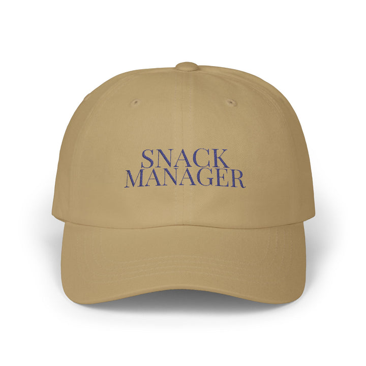 SNACK MANAGER Dad Cap – Khaki with Navy Embroidery | On Three & Co.